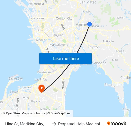 Lilac St, Marikina City, Manila to Perpetual Help Medical Center map