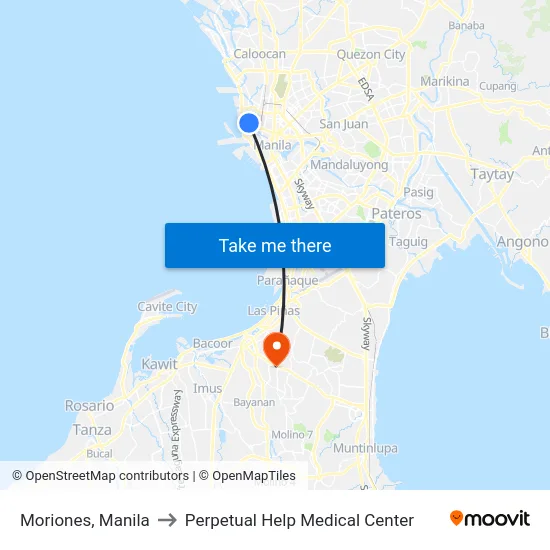 Moriones, Manila to Perpetual Help Medical Center map