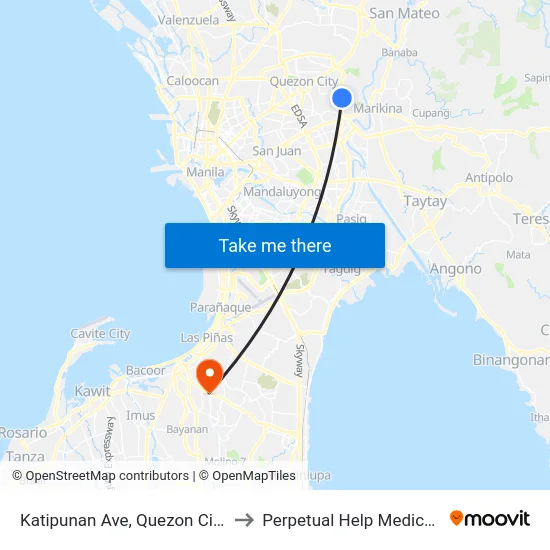 Katipunan Ave, Quezon City, Manila to Perpetual Help Medical Center map