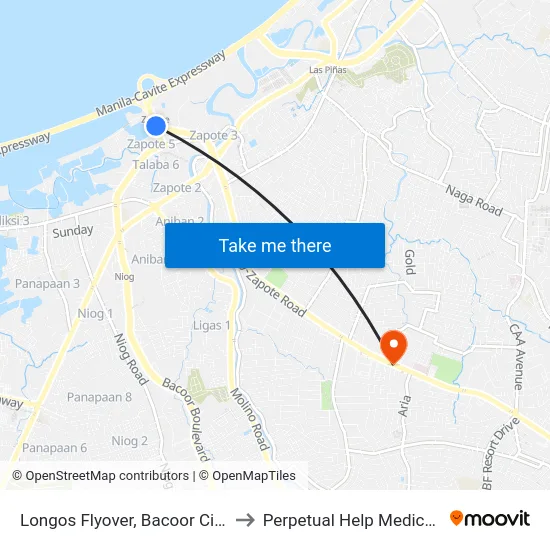 Longos Flyover, Bacoor City, Manila to Perpetual Help Medical Center map