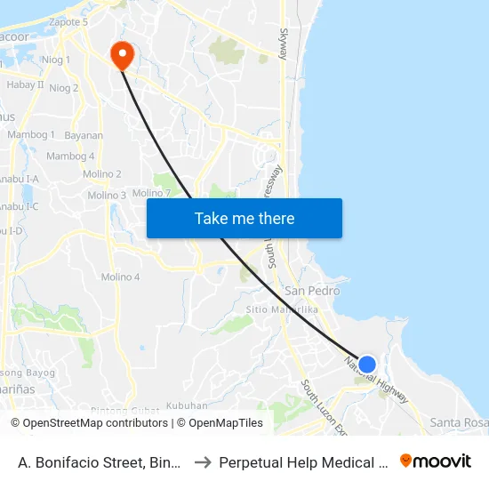 A. Bonifacio Street, Binan City to Perpetual Help Medical Center map