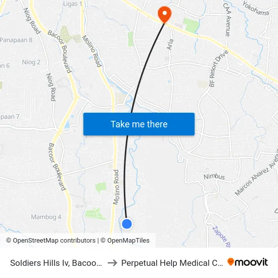 Soldiers Hills Iv, Bacoor City to Perpetual Help Medical Center map