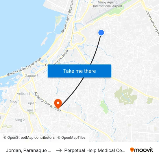 Jordan, Paranaque City to Perpetual Help Medical Center map