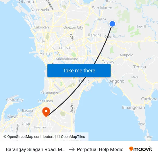 Barangay Silagan Road, Marikina City to Perpetual Help Medical Center map