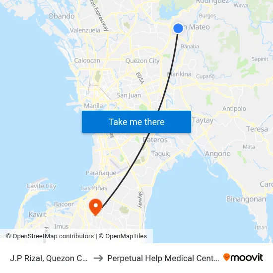 J.P Rizal, Quezon City to Perpetual Help Medical Center map