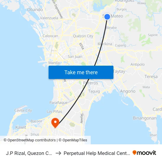 J.P Rizal, Quezon City to Perpetual Help Medical Center map