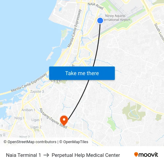 Naia Terminal 1 to Perpetual Help Medical Center map