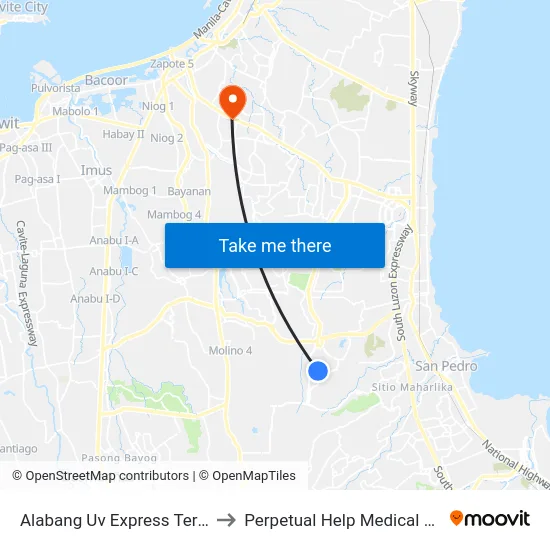 Alabang Uv Express Terminal to Perpetual Help Medical Center map