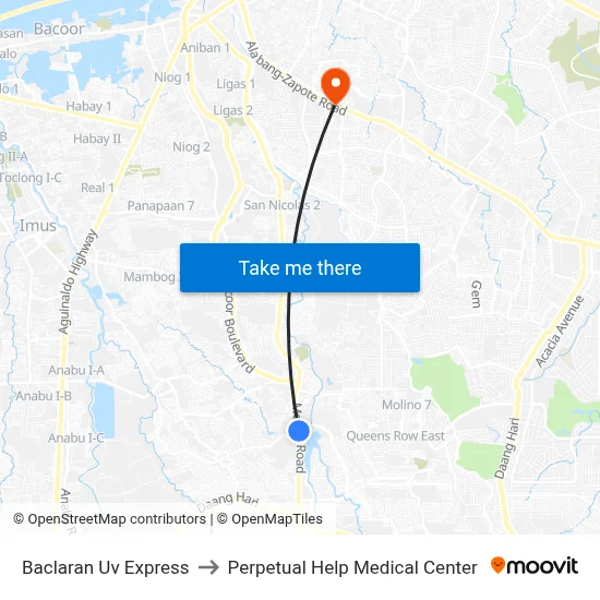 Baclaran Uv Express to Perpetual Help Medical Center map