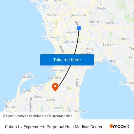 Cubao Uv Express to Perpetual Help Medical Center map