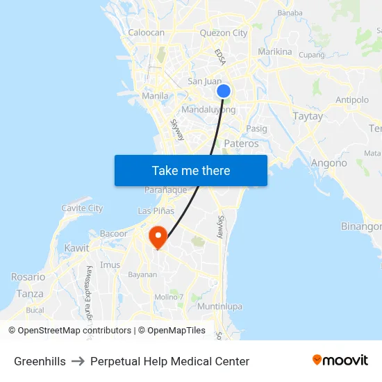 Greenhills to Perpetual Help Medical Center map