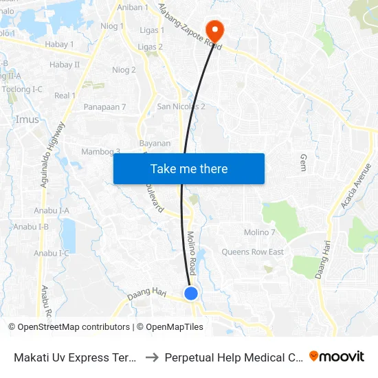 Makati Uv Express Terminal to Perpetual Help Medical Center map