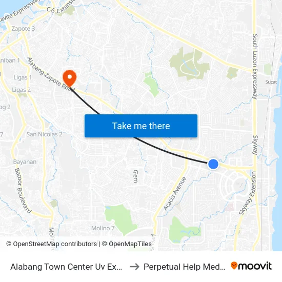 Alabang Town Center Uv Express Terminal to Perpetual Help Medical Center map