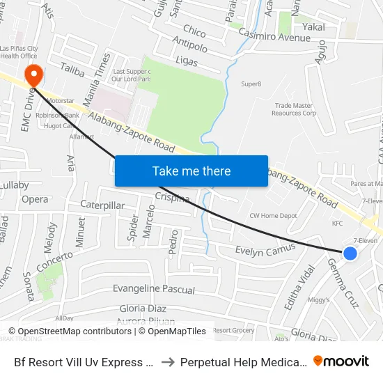 Bf Resort Vill Uv Express Terminal to Perpetual Help Medical Center map