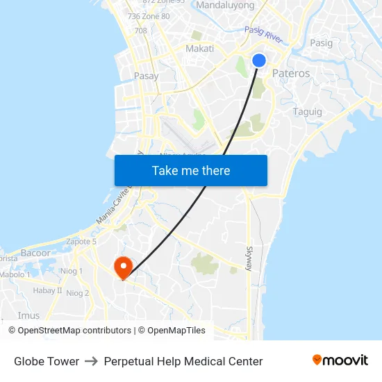 Globe Tower to Perpetual Help Medical Center map