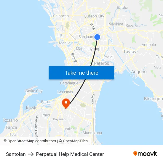 Santolan to Perpetual Help Medical Center map
