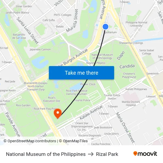 Intersection In Rizal National Museum of the Philippines to Rizal Park with public transportation