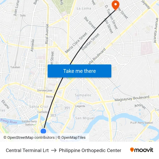 Central Terminal Lrt to Philippine Orthopedic Center map
