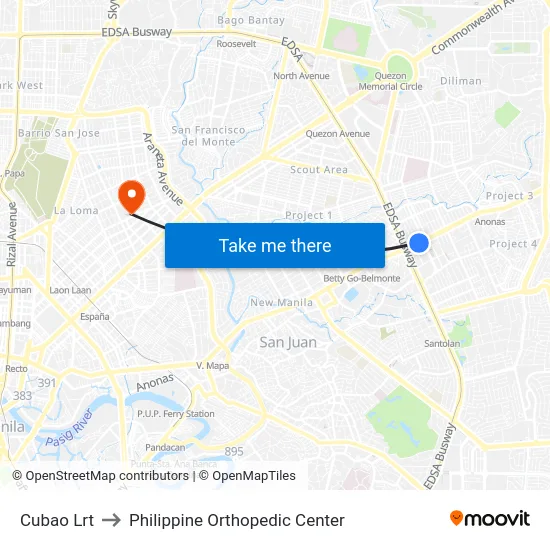Cubao Lrt to Philippine Orthopedic Center map