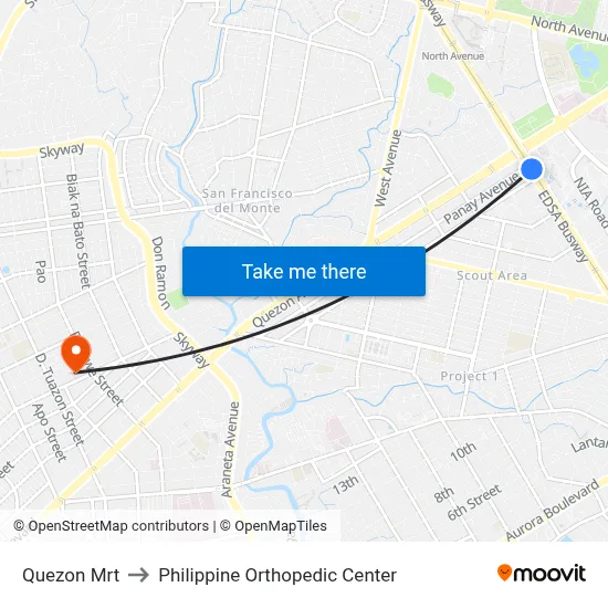 Quezon Mrt to Philippine Orthopedic Center map