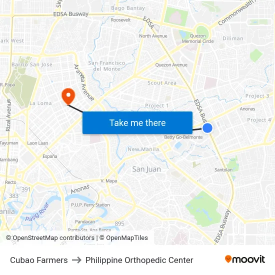 Cubao Farmers to Philippine Orthopedic Center map