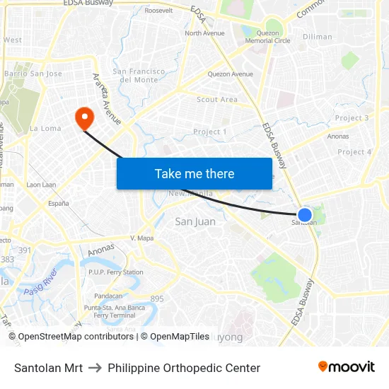 Santolan Mrt to Philippine Orthopedic Center map