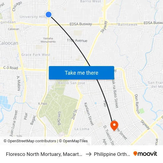Floresco North Mortuary, Macarthur Highway, Caloocan City to Philippine Orthopedic Center map