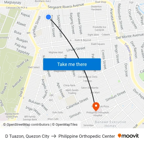 D Tuazon, Quezon City to Philippine Orthopedic Center map