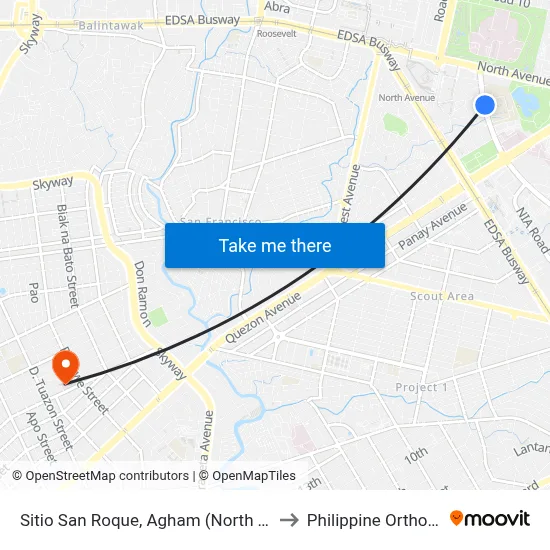Sitio San Roque, Agham (North Triangle), Quezon City to Philippine Orthopedic Center map