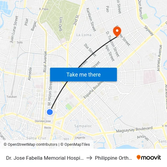 Dr. Jose Fabella Memorial Hospital, Felix Huertas, Manila to Philippine Orthopedic Center map