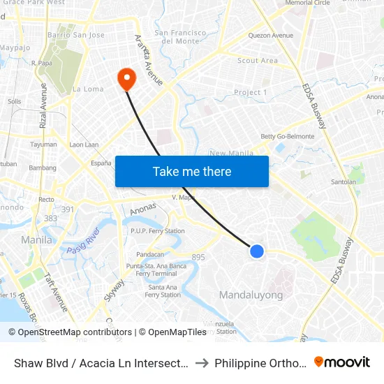 Shaw Blvd / Acacia Ln Intersection, Mandaluyong City to Philippine Orthopedic Center map