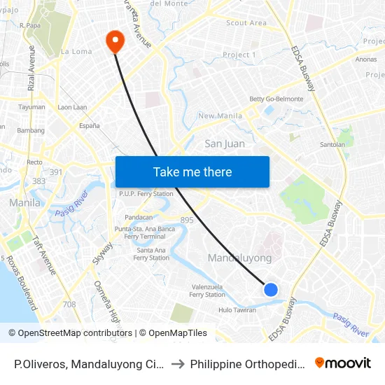 P.Oliveros, Mandaluyong City, Manila to Philippine Orthopedic Center map