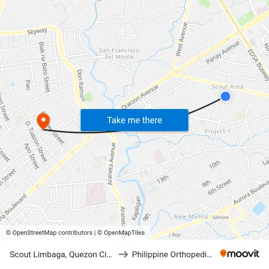 Scout Limbaga, Quezon City, Manila to Philippine Orthopedic Center map