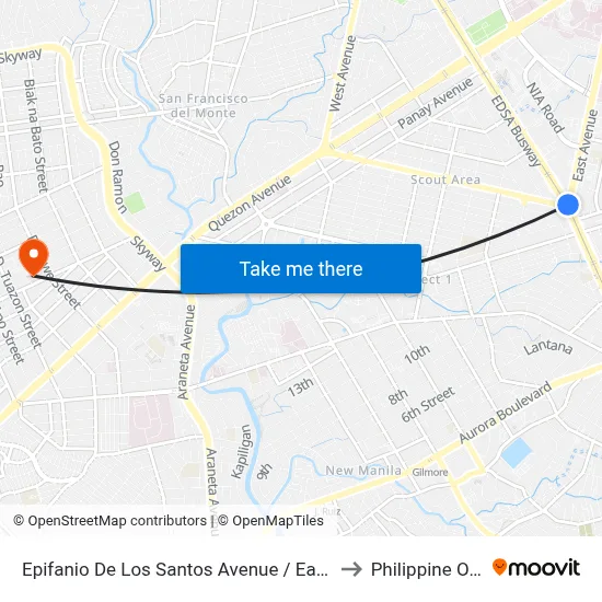 Epifanio De Los Santos Avenue / East Avenue Intersection, Quezon City, Manila to Philippine Orthopedic Center map