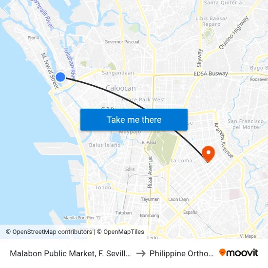 Malabon Public Market, F. Sevilla Street, Malabon City to Philippine Orthopedic Center map