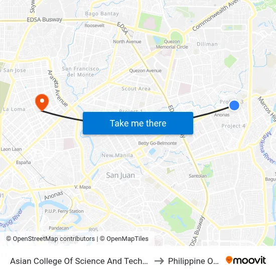 Asian College Of Science And Technology, Aurora Blvd, Quezon City, Manila to Philippine Orthopedic Center map