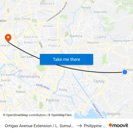 Ortigas Avenue Extension / L. Sumulong Memorial Cir Intersection, Antipolo City, Manila to Philippine Orthopedic Center map