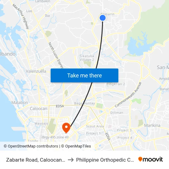 Zabarte Road, Caloocan City to Philippine Orthopedic Center map