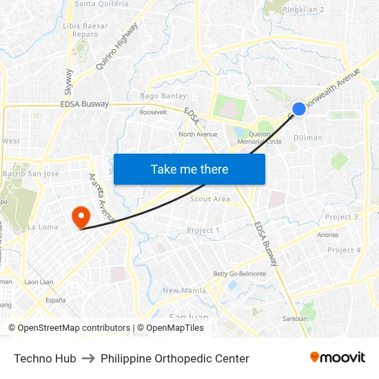 Techno Hub to Philippine Orthopedic Center map