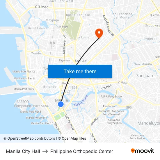 Manila City Hall to Philippine Orthopedic Center map