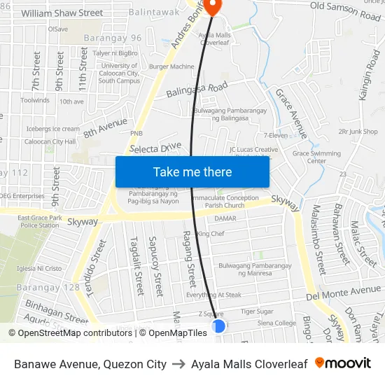 Banawe Avenue, Quezon City to Ayala Malls Cloverleaf map