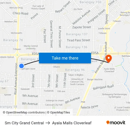 Sm City Grand Central to Ayala Malls Cloverleaf map