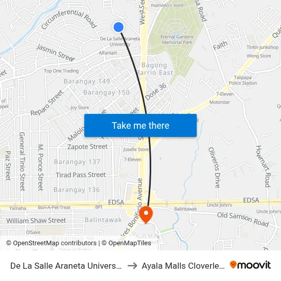 De La Salle Araneta University to Ayala Malls Cloverleaf map