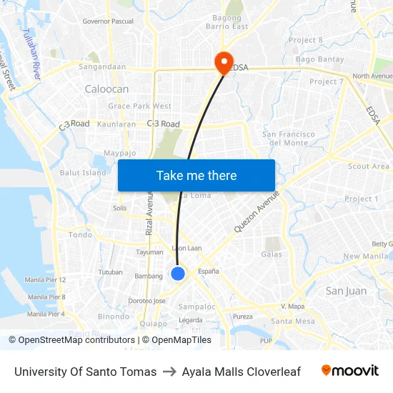 University Of Santo Tomas to Ayala Malls Cloverleaf map