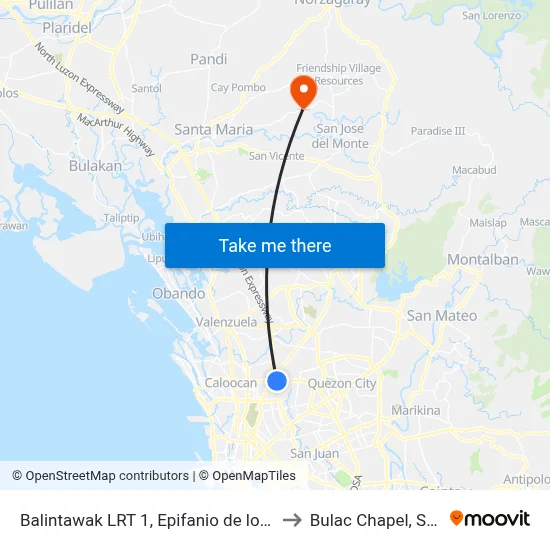 Balintawak LRT 1, Epifanio de los Santos Ave, Quezon City, Manila to Bulac Chapel, Santa Maria, Manila map