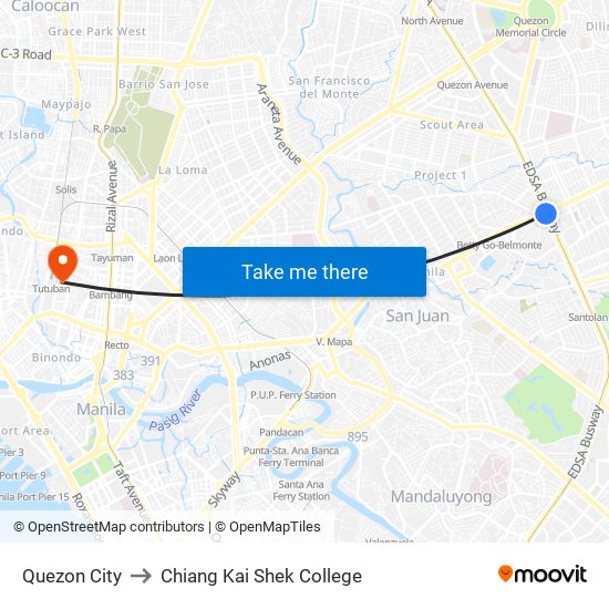 Quezon City to Chiang Kai Shek College map