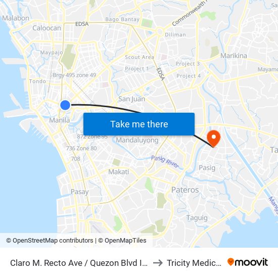 Claro M. Recto Ave / Quezon Blvd Intersection, Manila to Tricity Medical Center map