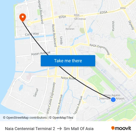 Naia Centennial Terminal 2 to Sm Mall Of Asia map
