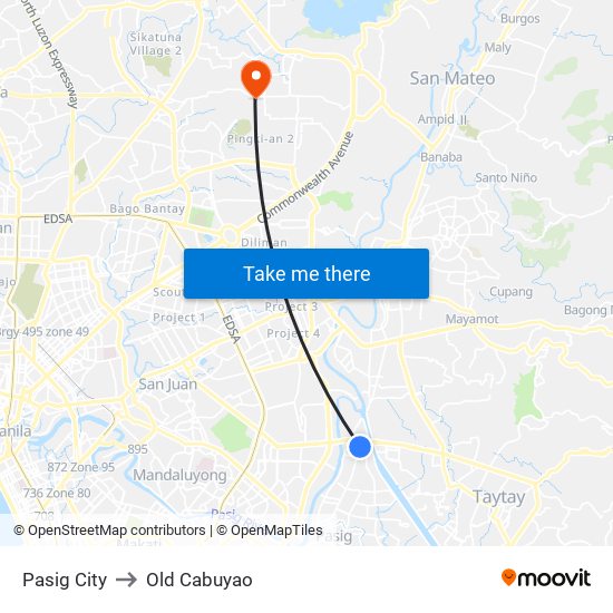 Pasig City to Old Cabuyao map