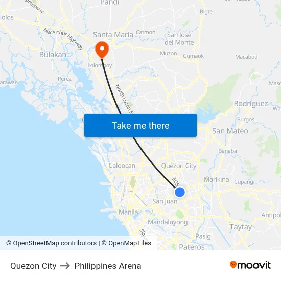 Quezon City to Philippines Arena map